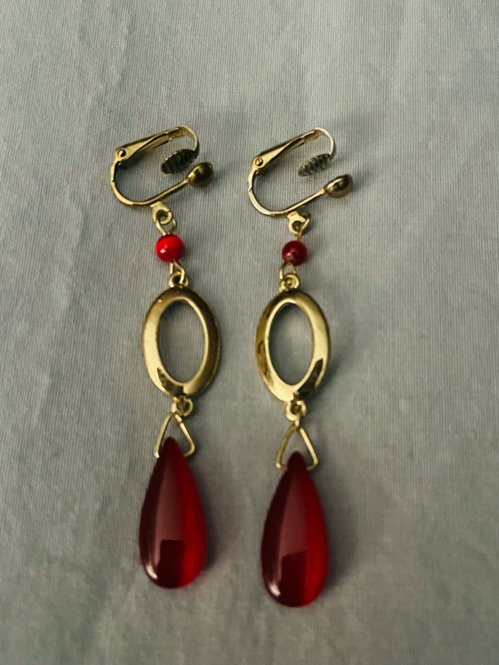 Vintage Gold & Red Teardrop Dangle Earrings